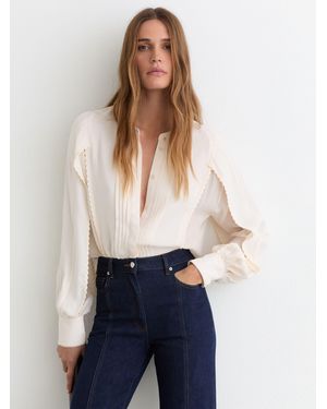Reiss Pleated Embroidered Long-Sleeve Blouse - Blue