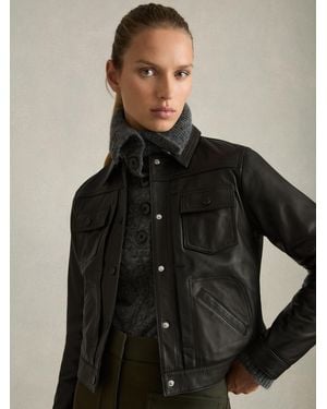 Reiss Leather Trucker Jacket - Black