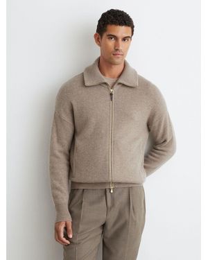 Reiss Cashmere Zip-Through Cardigan - Natural