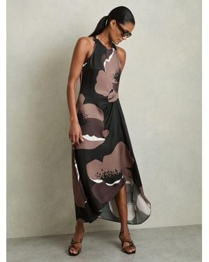 Reiss Mieke - Blue Satin Floral Drape Midi Dress, Us 2 in