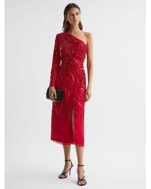 Raishma Embellished One-Shoulder Midi Dress - Red