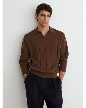 Reiss Wool Square-Textured Open-Collar Polo Sweater - Brown