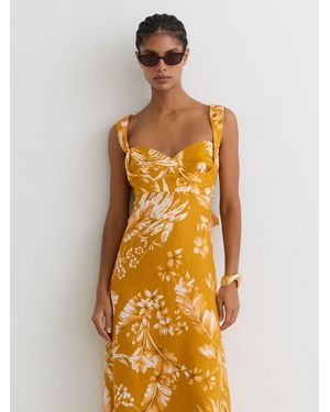 Reiss Addison - Yellow Linen Floral-print Midi Dress, Us 8 - Metallic