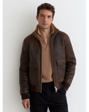 Reiss Peveral - Brown Shearling Zip-through Leather Jacket, L - Black
