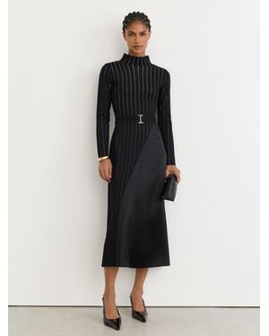 Reiss Pinstripe Knitted Satin-Panel Midi Dress - Black