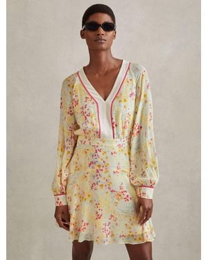 Reiss Floral Print Puff Sleeve Mini Dress - Natural