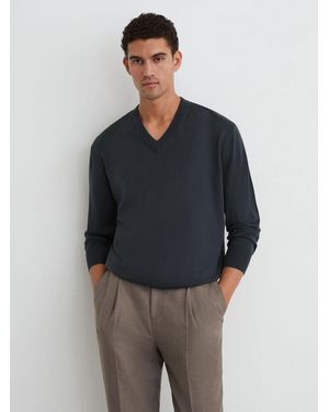 Reiss Earlsfield - Vulcan Gray Merino Wool V-neck Sweater, Xxl - Blue