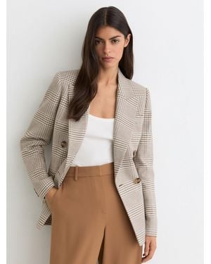 Reiss Double-Breasted Check Blazer Cotton-Linen - Natural