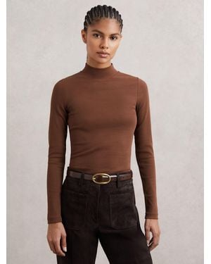 Reiss Stretch-Cotton Funnel-Neck Top - Brown