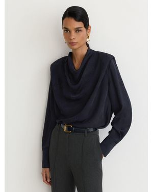 Reiss Lainey - Navy Jacquard Cowl-neck Shoulder-pad Blouse, Us 2 - Blue