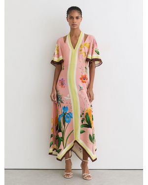 Reiss Flossy - Pink Floral-print Cut-out Midi Dress, Us 4 - White