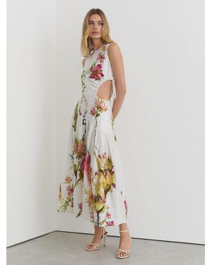 Reiss Bianca - Ivory Linen Floral-print Cut-out Midi Dress, Us 12 - White