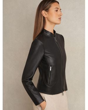 Reiss Allie - Black Petite Leather Collarless Biker Jacket, Us 12