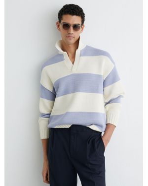 Reiss Soft Melange Cotton-Blend Open-Collar Rugby Sweater - White