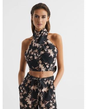 Reiss Ally - Black/blush Ally Printed 100% Linen Halter Neck Cropped Top, Us 8 - Multicolor