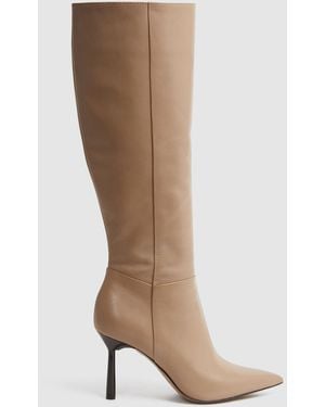 Reiss Gracyn - Camel Leather Knee High Heeled Boots, 8 - White