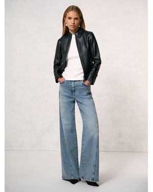Reiss Allie - Black Petite Leather Collarless Biker Jacket, Us 12