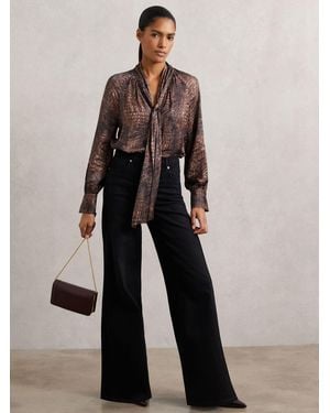 Reiss Naomi - Brown Crocodile-print Tie-neck Blouse, Us 6