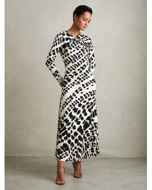 Reiss Vanita Printed Jersey Twist Detail Midi Dress - White