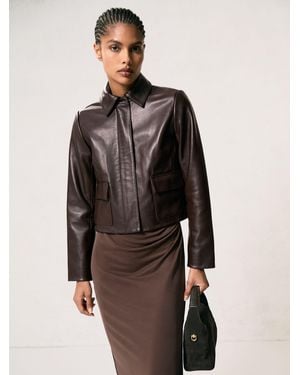 Reiss Collared Leather Jacket - Brown