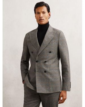 Reiss Wool Double-Breasted Check Tailored-Fit Suit Blazer - Gray