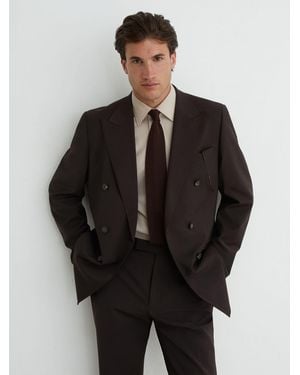 Reiss Wool-Blend Double-Breasted Suit Blazer Tailored-Fit - Gray