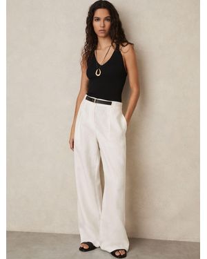 Reiss Analise - White Linen Belted Wide-leg Pants, Us 12 L - Natural