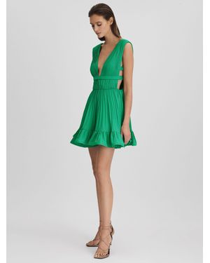 AMUR Pleated Plunge Neck Mini Dress - Green