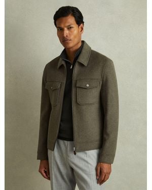Reiss Peridoe - Green Smoke Zip-through Trucker Jacket With Wool, Xs