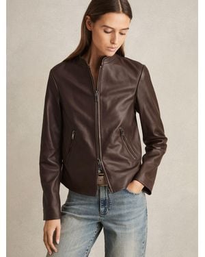 Reiss Allie - Chocolate Brown Leather Collarless Biker Jacket, Us 14