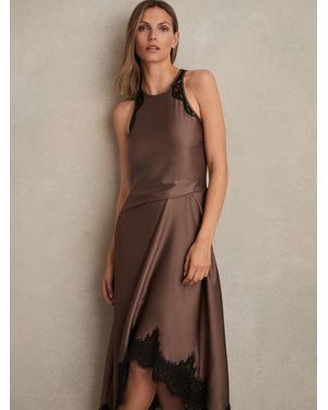 Reiss Satin Drape Lace-Trim Dress - Brown