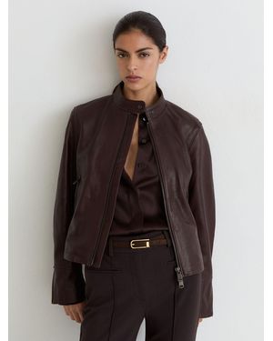 Reiss Petite Leather Biker Jacket - Brown