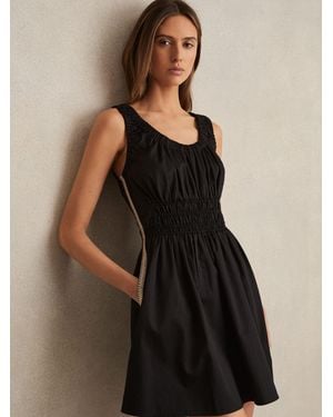 Reiss Abi - Black Cotton Craft-stitch Shirred Mini Dress, Us 14