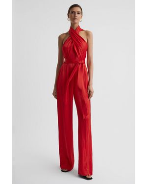 Reiss Satin Halter Neck Fitted Jumpsuit - Red