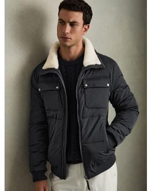 Reiss Misty - Navy/ White Borg Faux-fur Collar Puffer Jacket, M - Black