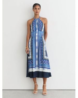 Reiss Scarf-Print Halterneck Midi Dress - Blue