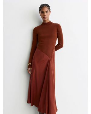 Reiss Knitted Woven Mix High-Neck Midi Dress - Red
