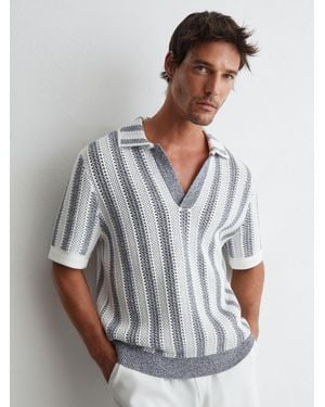 Reiss Soft & Cotton-Blend Crochet Stripe Polo Shirt - Gray
