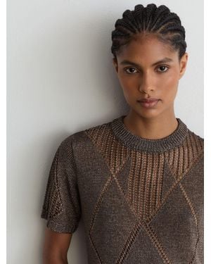 Reiss Tamsin - Gunmetal Gray Metallic Argyle Open-knit Top, S (us 4-6) - Brown