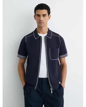 Reiss Stitch-Detail Zip-Through Knit Shirt - Blue
