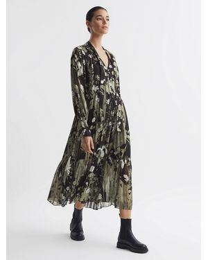 Reiss Floral Print Tie Neck Midi Dress - Green