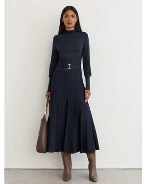 Reiss Belted Pleated Knit Midi Dress - Blue
