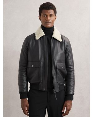 Reiss Leather Shearling-Collar Bomber Jacket - Gray