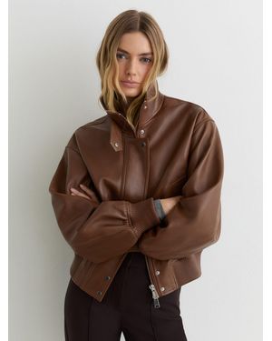 Reiss Cara - Chestnut Brown Leather Funnel-neck Bomber Jacket, Us 10