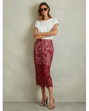 Reiss Sheer Lace Midi Pencil Skirt - Red
