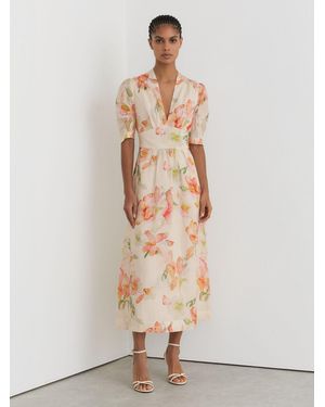 Reiss Floral-Print Waisted Midi Dress - White