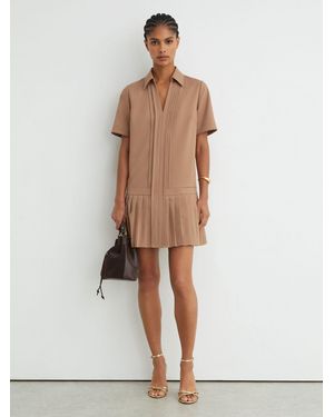 Reiss Pleated-Skirt Collared Mini Dress - Natural
