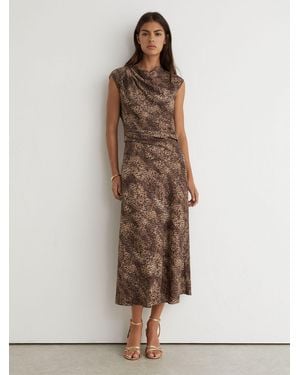 Reiss Camie - Brown Print Draped-detail Printed Midi Dress, Us 10 - Natural