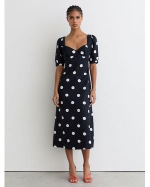 Reiss Astrid Puff-Sleeve Polka-Dot Linen Midi Dress - Blue