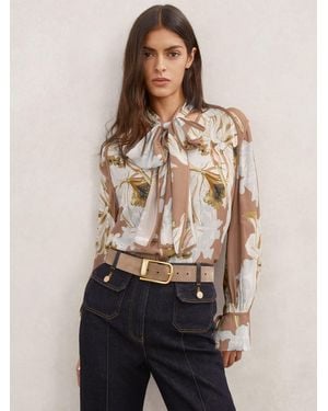 Reiss Maggie - Pink/ivory Floral-print Tie-neck Blouse, Us 2 - Natural